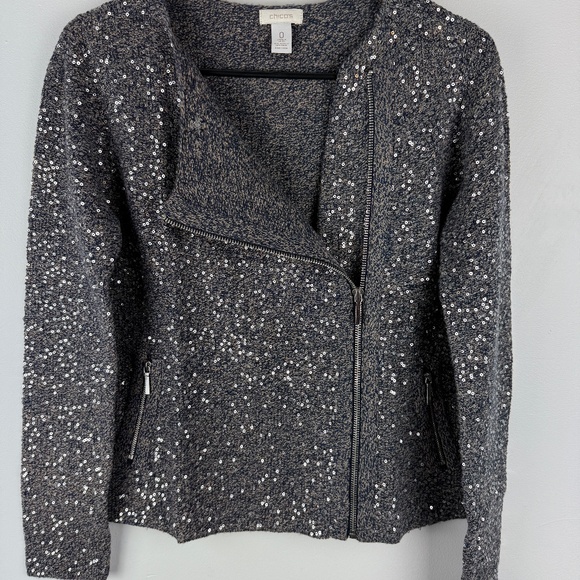 Chico's Sweaters - NWOT Chicos Asymmetrical Sequin Zip Cardigan, Regular Size 4